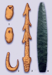 Изделия эпохи мезолита: 1 – подвески из клыков благородного оленя; 2 – крючок из кости; 3 – костяной гарпун; 4 – каменный остроконечник